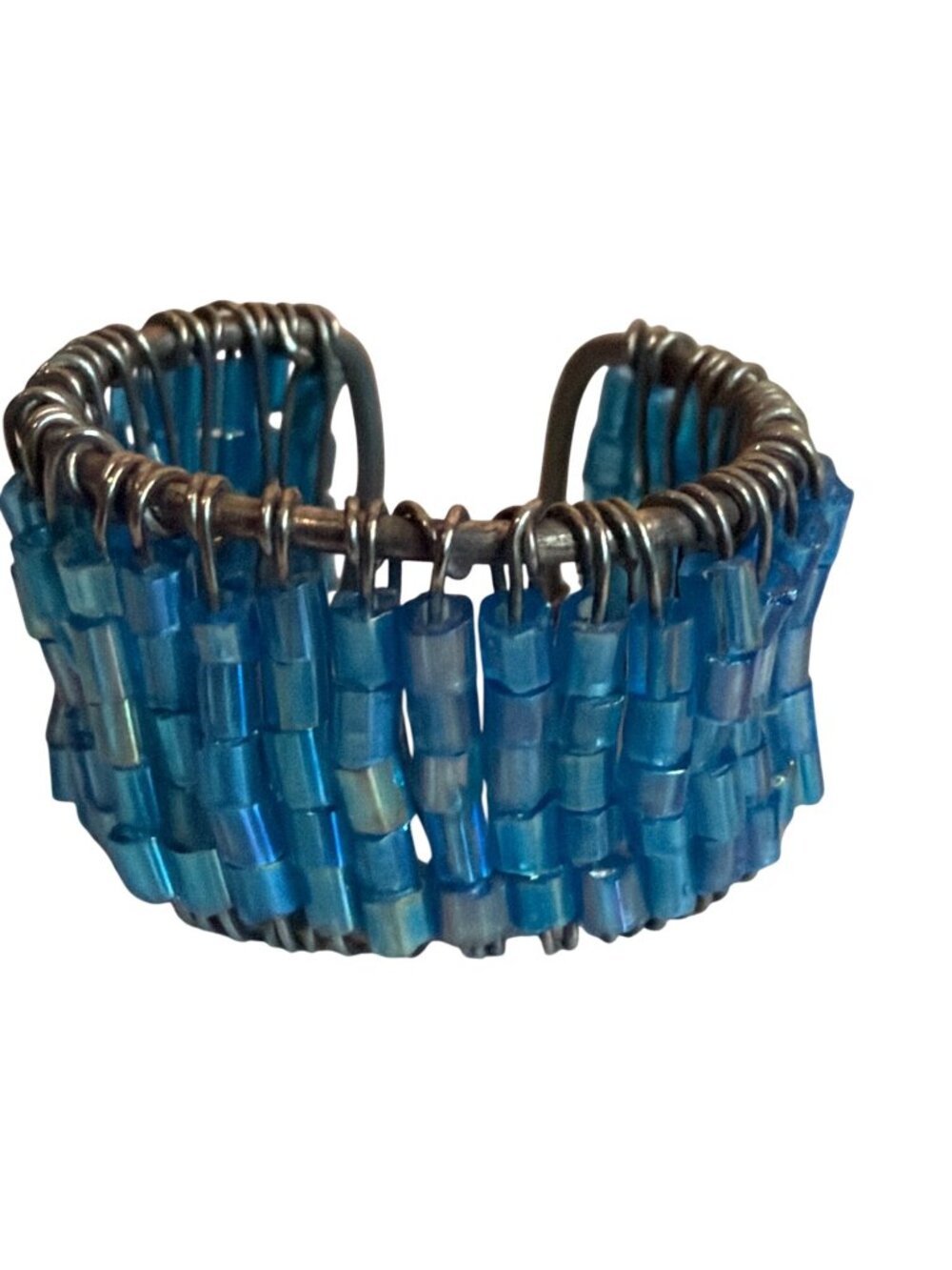 Handmade Beaded Ring Adjustable Silver Tone Blue Chunky Artsy Boho Unique